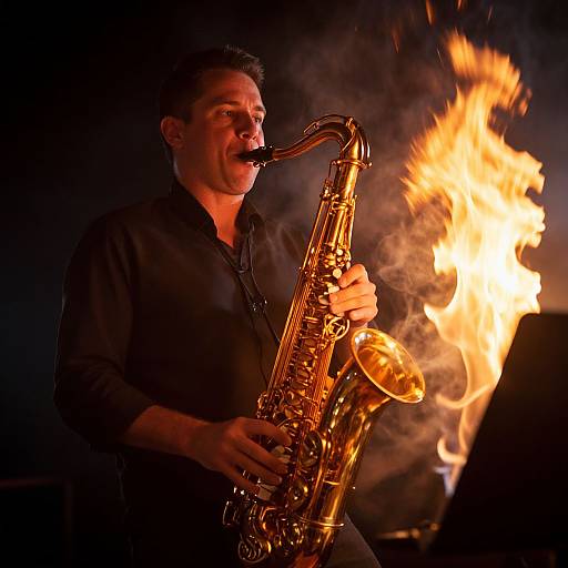 Photograph of a man in black, playing a golden saxophone, passionately blowing into it, with a bright, roaring fire in the background.