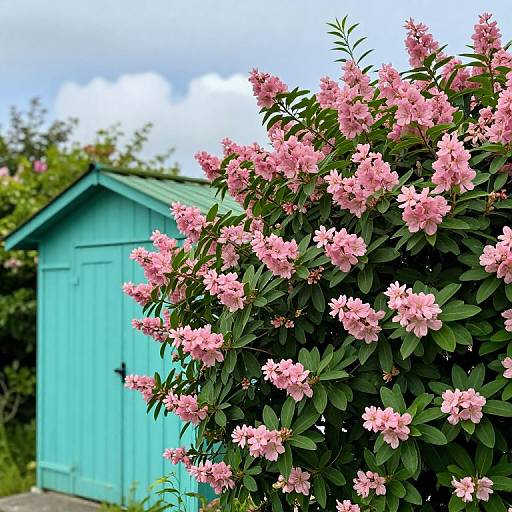 Photograph of a turquoise shed in the background, partially obscured by a lush bush of vibrant pink flowers under a blue sky.