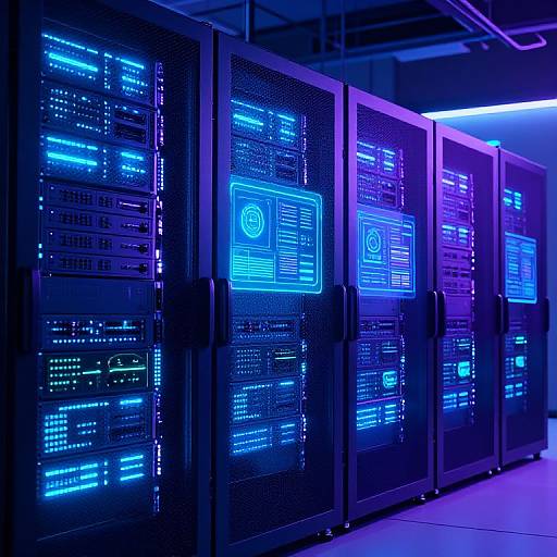 Photograph of illuminated blue and purple server racks with glowing digital interfaces and intricate circuitry in a dark, industrial room.