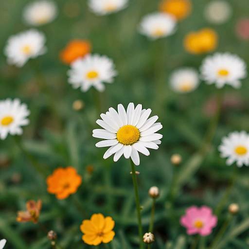 Photograph of a single white daisy with a yellow center, sharply focused, surrounded by blurred orange, pink, and yellow flowers in a green,