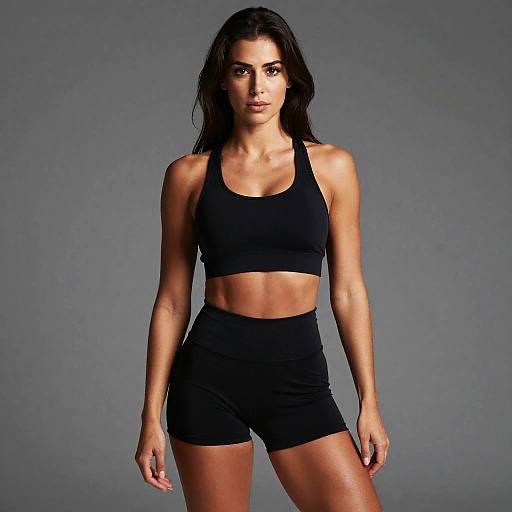 Photograph of a fit, tan-skinned woman with long dark hair, wearing a black sports bra and high-waisted black shorts, standing against