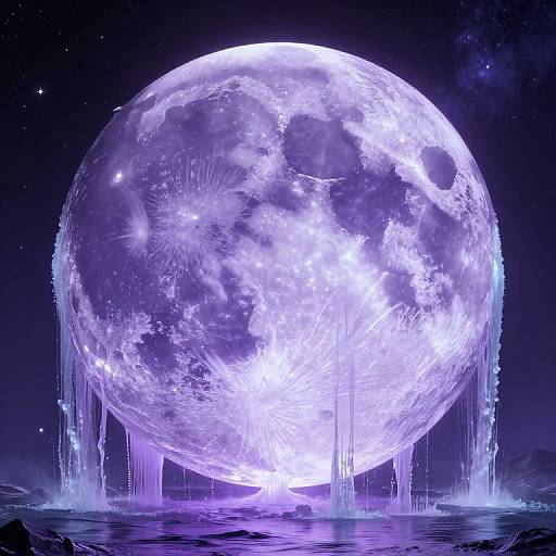 Digital artwork of a glowing, luminous full moon with intricate craters, surrounded by dripping water, reflecting on a dark, starry ocean.