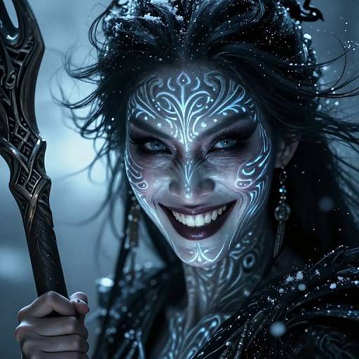 Photorealistic digital artwork of a fierce, dark-haired woman with glowing blue tribal face paint, sharp teeth, and holding a staff, set against a