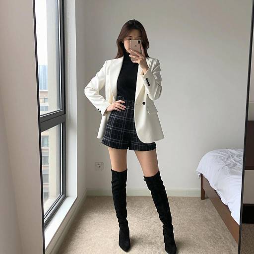 Woman in Chic White Blazer Taking Mirror Selfie