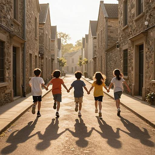 Photograph of five children holding hands, running down a sunlit, stone-walled street, casting long shadows, with a bright, glowing sky ahead