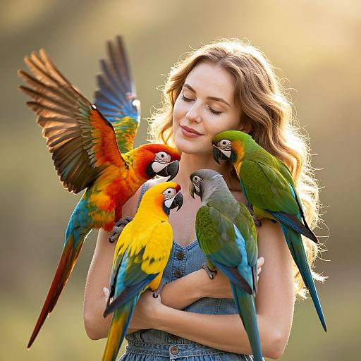 Photograph of a smiling woman with wavy brown hair, wearing denim dress, holding colorful parrots—red, yellow, green, blue—background