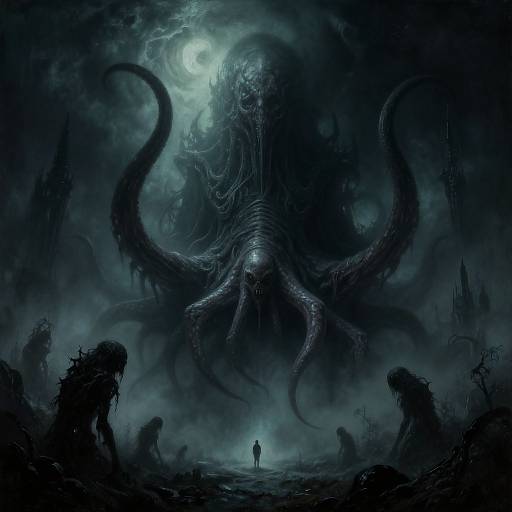 Dark, eerie digital illustration of a massive, tentacled monster with glowing eyes looming over a tiny silhouetted figure in a foggy,