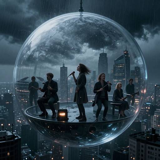 Digital artwork: Five musicians with long hair, in dark clothes, performing inside a transparent, rain-soaked, cityscape-encased globe, with