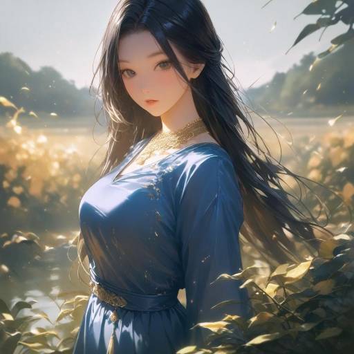 Elegant Girl in Garden with Gold Necklace Elegant Girl in Garden with Gold Necklace