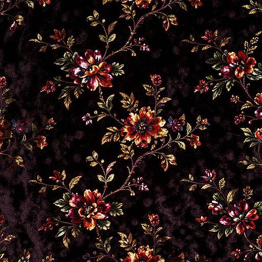 Digital floral pattern on black background, featuring vibrant red, orange, and yellow flowers with green leaves, creating a rich, textured look.