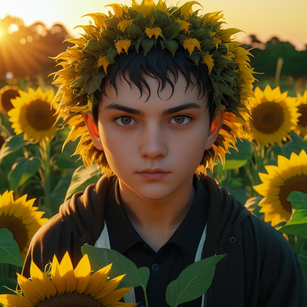 Serious Young Chimera Portrait with Sunflowers