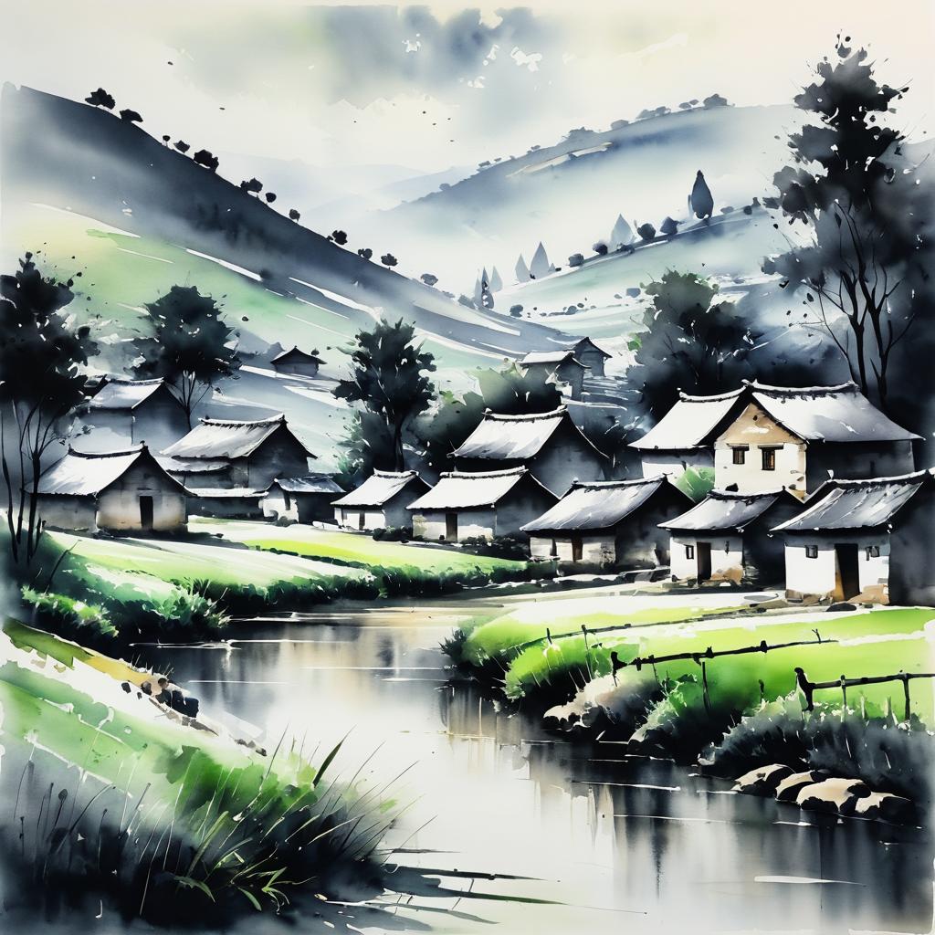 Serene Ink Painting of Countryside Village