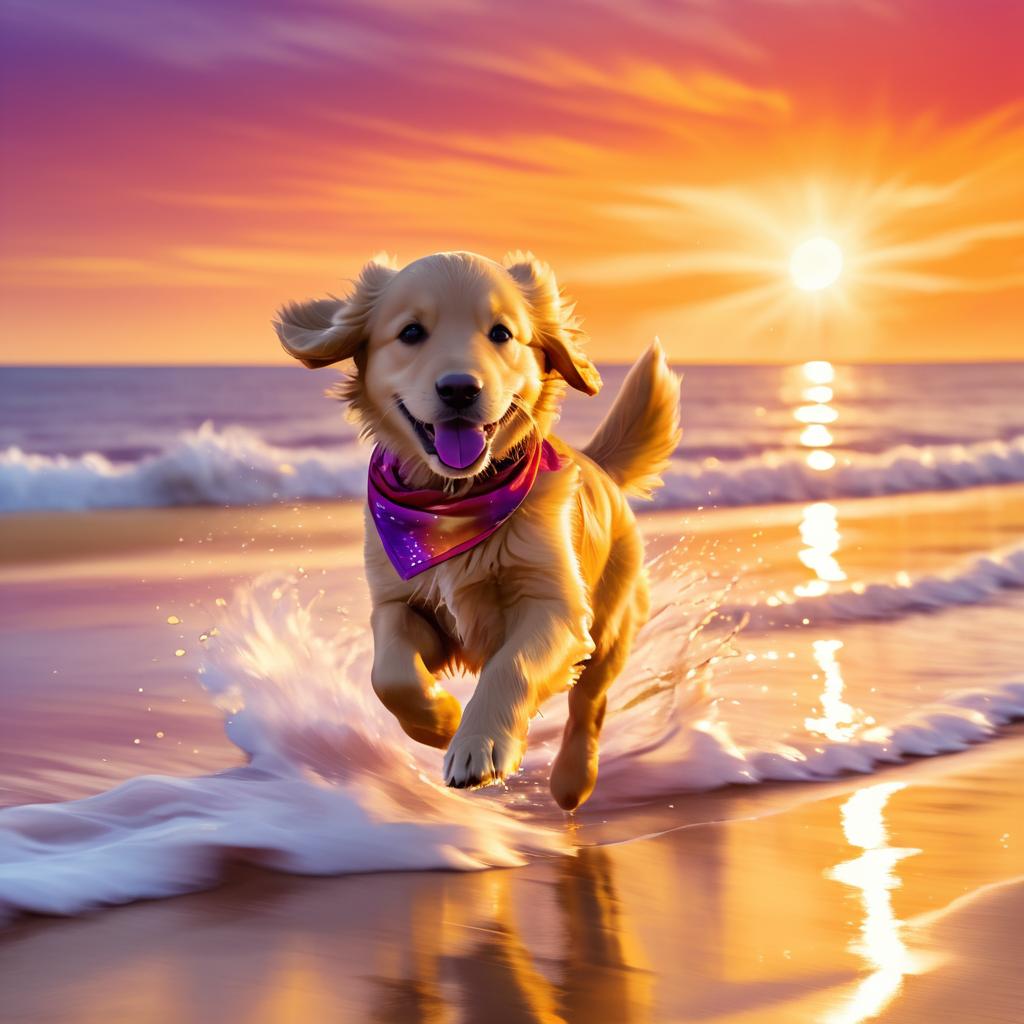 Joyful Golden Retriever at Sunset Beach