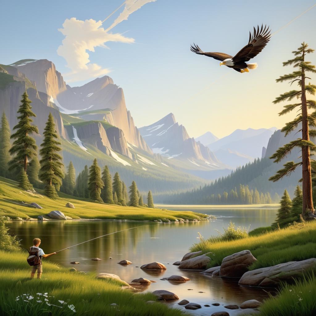 Serene Mountain Meadow with Eagle and Boy