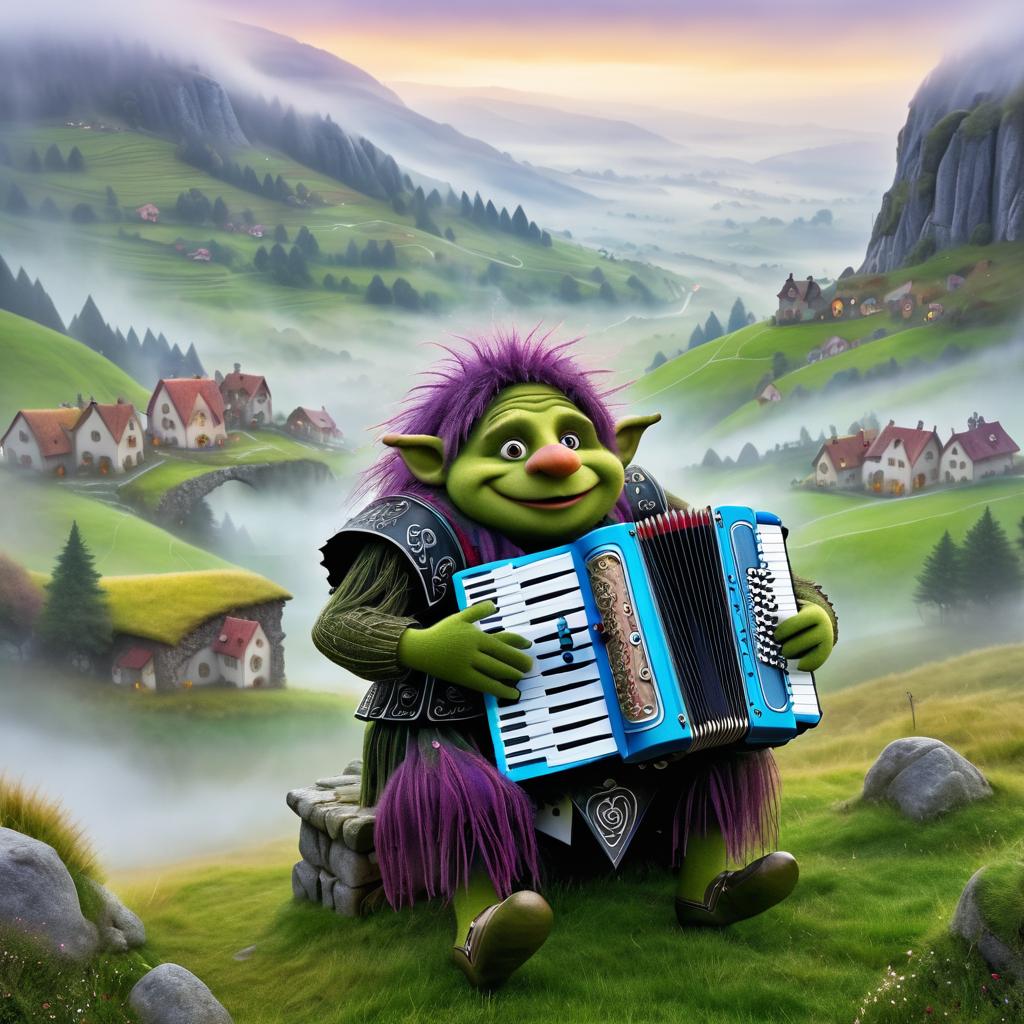 Romantic Troll Playing Accordion in Foggy Valley