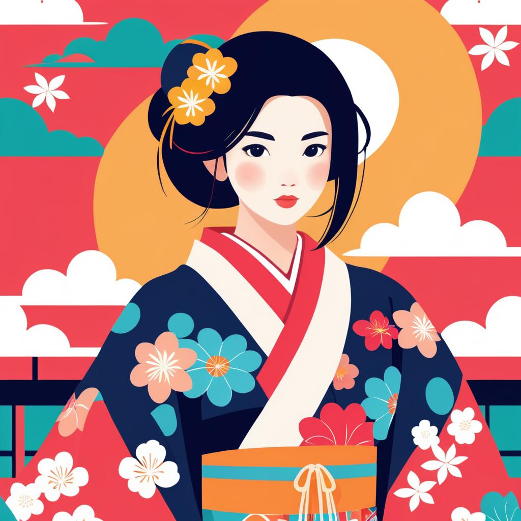 Vibrant Flat Illustration of Japanese Girl