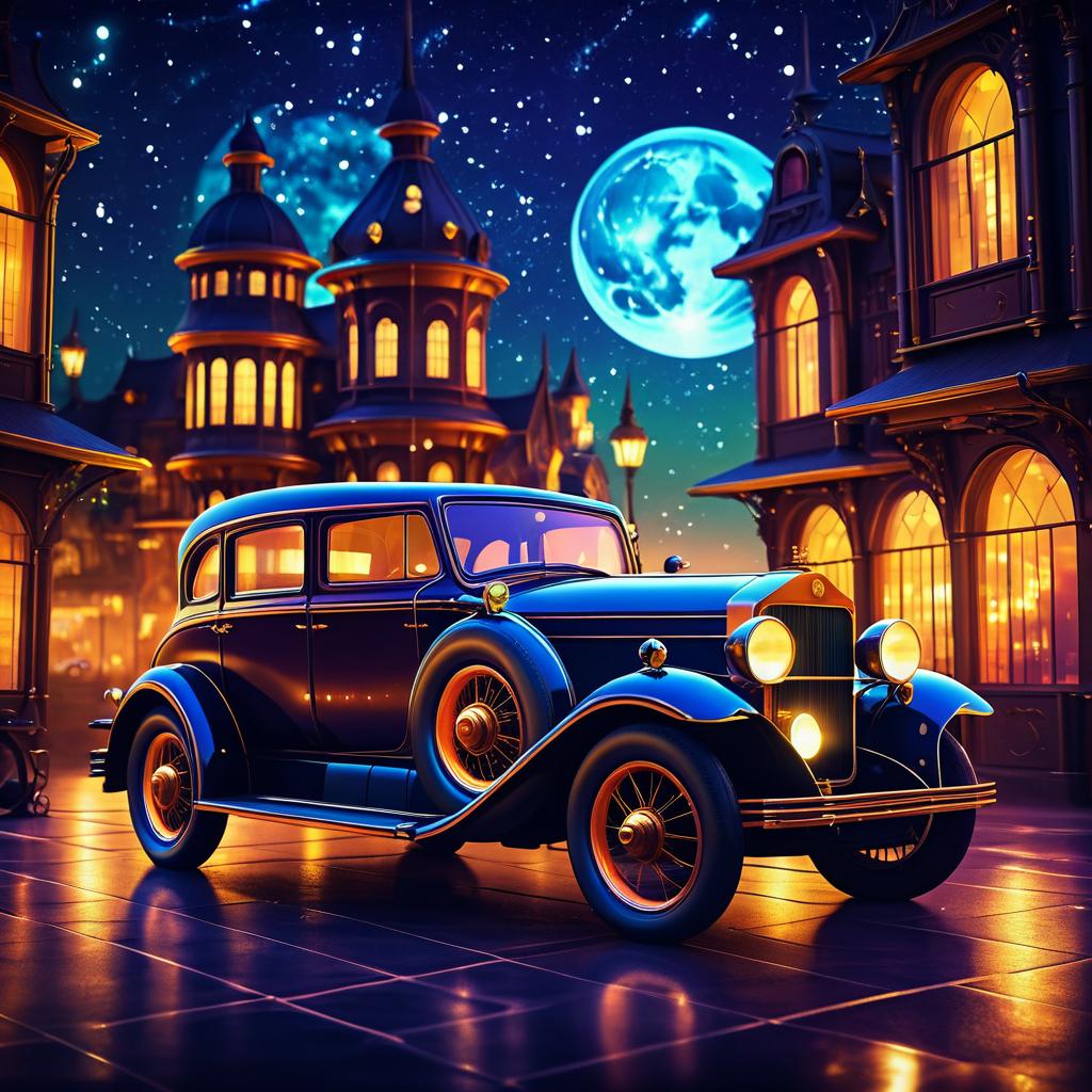 Steampunk Nightscape with Vintage Car