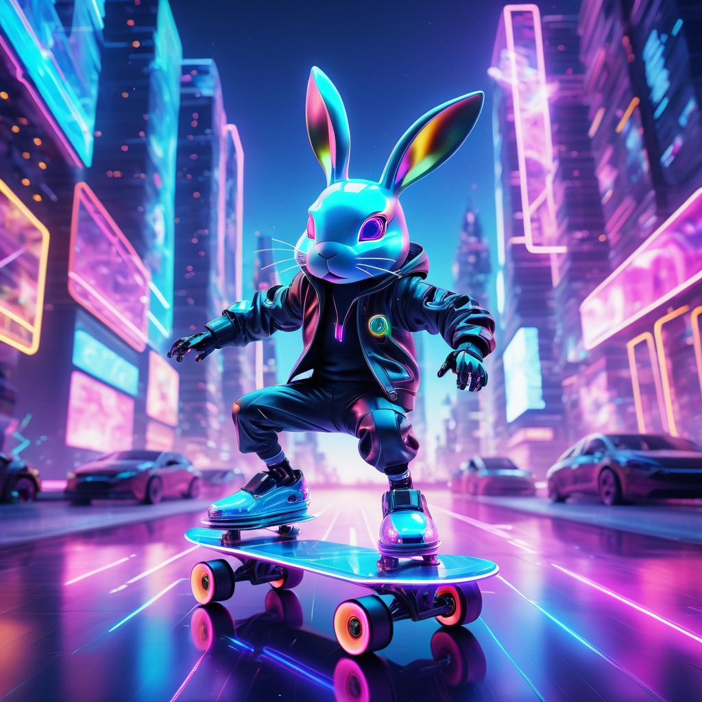 Futuristic Robotic Rabbit Skateboarding Adventure