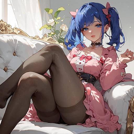 Blue-Haired Furudo Erika Sitting on Couch