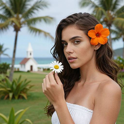 Photograph of a beautiful young woman with long dark hair, wearing a white strapless top, holding a daisy, with an orange hibisc