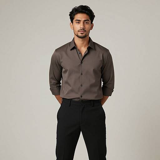 Photograph of a handsome, dark-haired man with light brown skin, wearing a dark brown button-up shirt and black pants, standing against a plain white