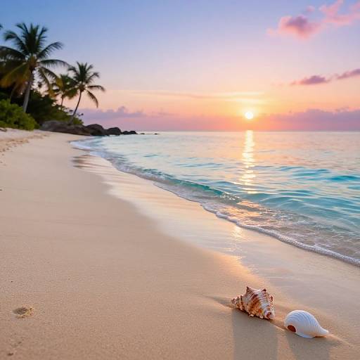 Photograph of a serene beach at sunset, featuring a seashell in the sand, gentle waves, palm trees, and a vibrant orange-pink
