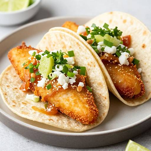 Photograph of two fish tacos with golden-breaded fish, topped with diced onions, cilantro, and crumbled queso on a white plate