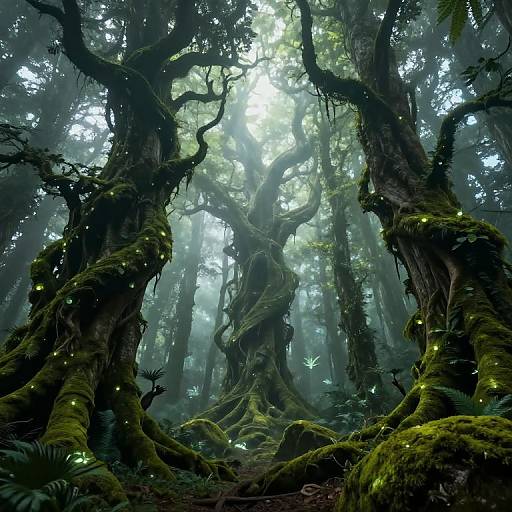 Magical forest photograph: Enchanted trees with twisted, moss-covered trunks and glowing fireflies, illuminated by ethereal sunlight filtering through dense foliage