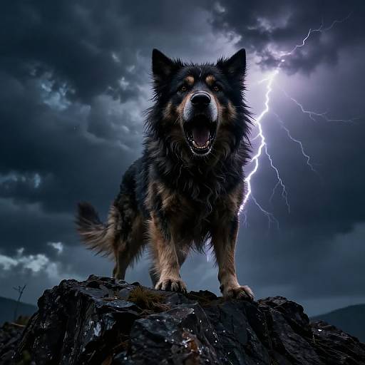 Photograph of a fierce, black and brown wolf with sharp teeth, standing on a rocky peak, illuminated by a bright lightning bolt in a stormy