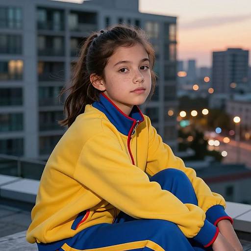 Photograph of a young girl with brown hair in a ponytail, wearing a yellow and blue zip-up jacket, sitting on a rooftop at sunset,