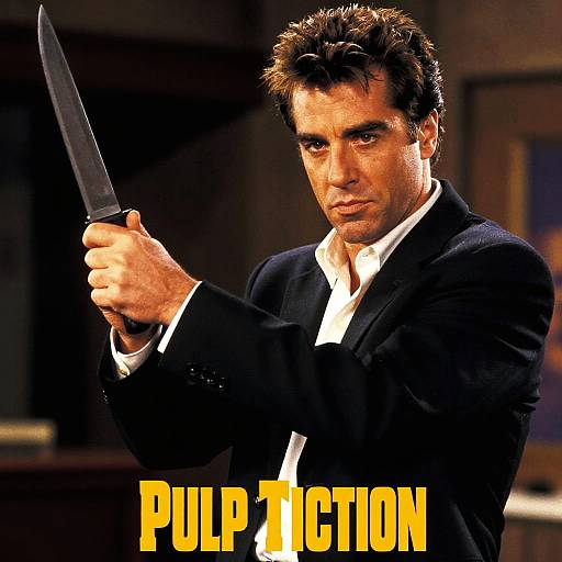 Photograph of a serious-looking man with spiky brown hair, holding a knife, wearing a black suit and white shirt, with 