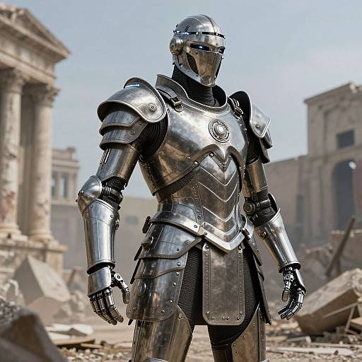 CGI image of a shiny, silver robotic knight in medieval armor standing in a ruined, ancient city with broken columns.