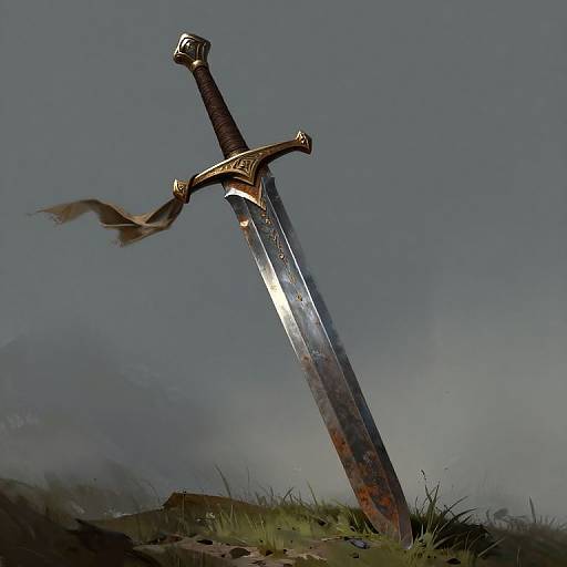 Photorealistic digital art of a rusted, ornate sword with a flowing cloth, leaning in grassy terrain under a misty, gray sky