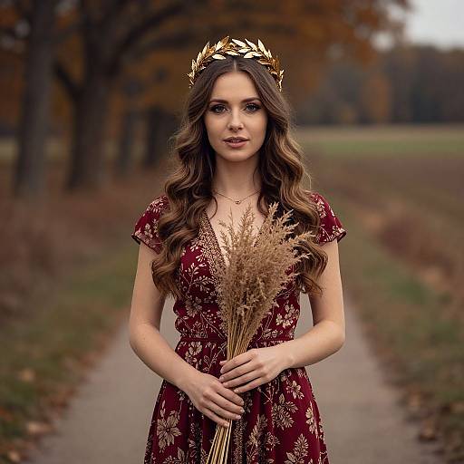 Photograph of a young woman with long brown hair, wearing a gold crown, red floral dress, and holding dried grass, standing on a path in
