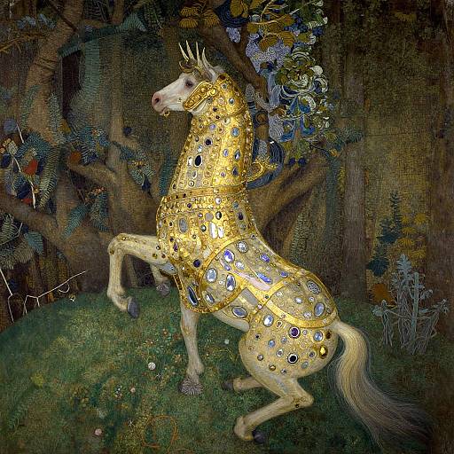 Digital artwork of a golden, jeweled horse with antlers, standing on lush green grass, surrounded by dark, intricate forest background.