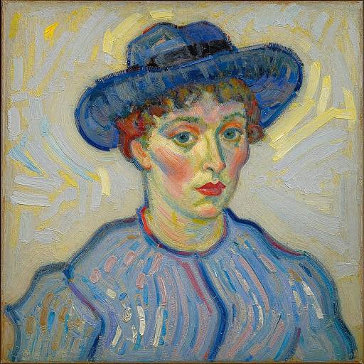 Impressionist oil painting of a woman with red lips, blue hat, and blue dress, featuring vibrant, expressive brushstrokes and a radiant yellow