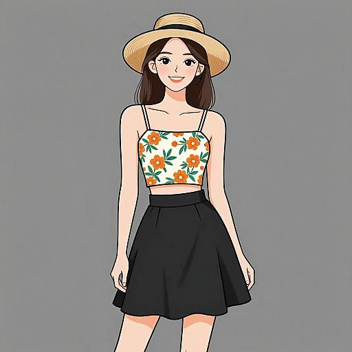Digital illustration of a fair-skinned woman with long brown hair, wearing a straw hat, floral crop top, and black skirt, standing against a gray