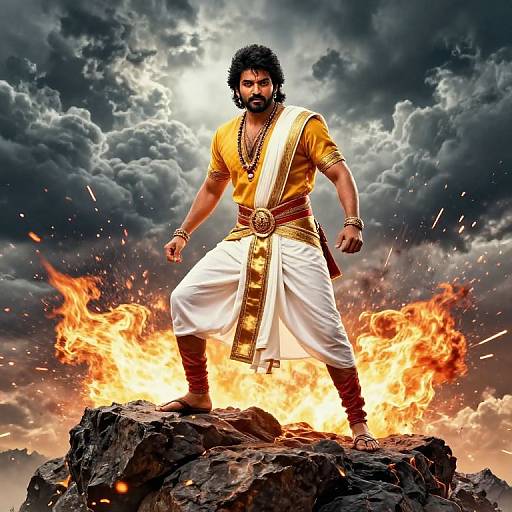 Mighty bearded man in yellow shirt and white pants stands on rock amidst fiery explosion, dark stormy sky above. Powerful, heroic pose.