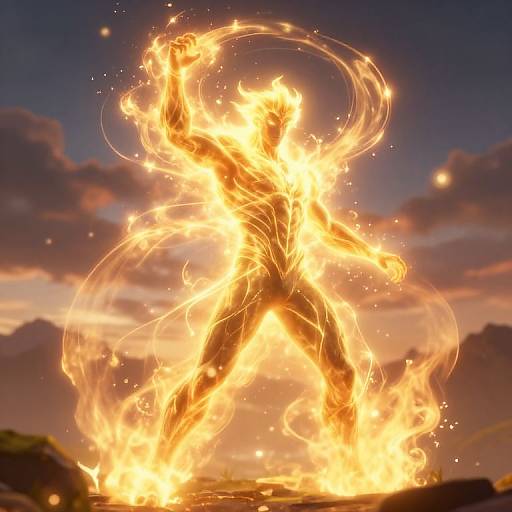 Digital artwork of a fiery humanoid figure standing in a blazing stance against a twilight sky with dark clouds. Bright flames outline the silhouette. Dynamic, energetic composition