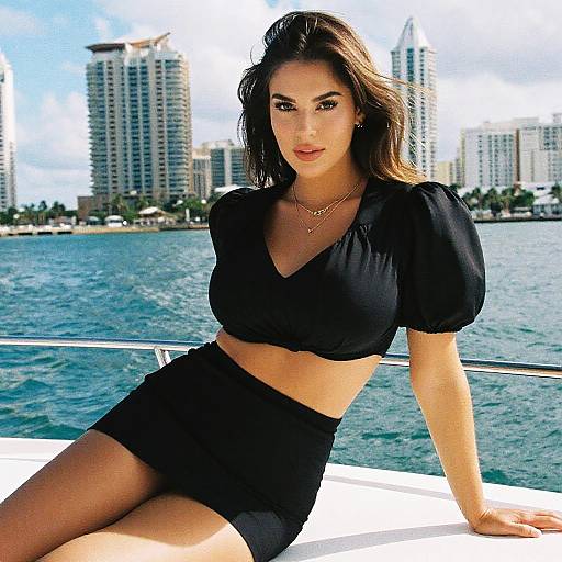 Photograph of a brunette woman with wavy hair, wearing a black crop top and shorts, seated on a boat, with a city skyline and blue