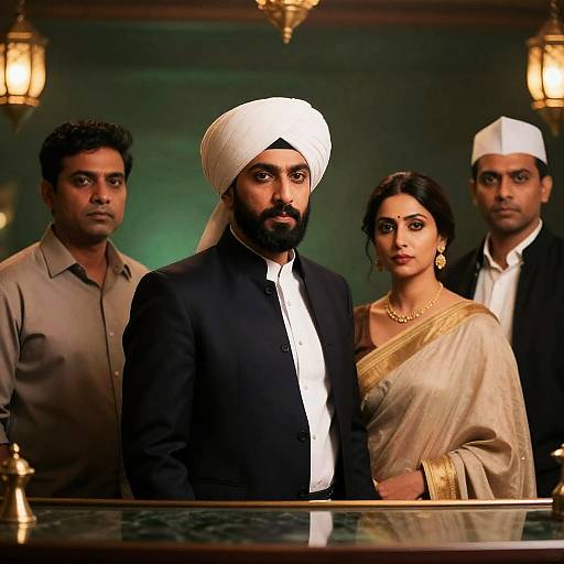 Group of Four People in Traditional Indian Attire at Bar
