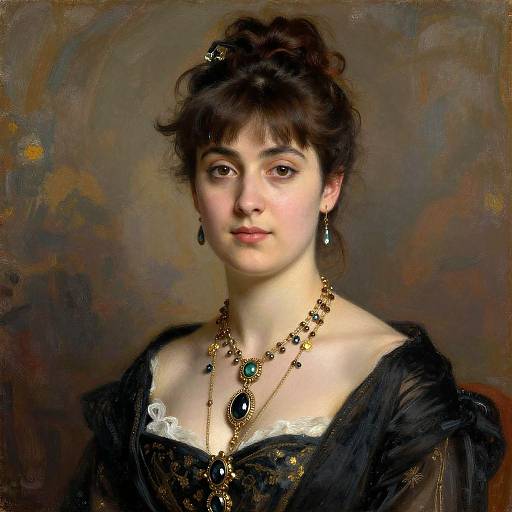 Photorealistic portrait of a young woman with fair skin, dark brown hair, and delicate features, wearing black lace, gold jewelry, and green pendant