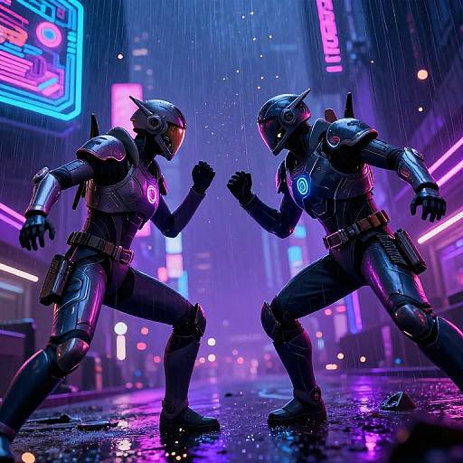 Cybernetic warriors in neon-lit, rain-soaked futuristic street, facing off in aggressive stances with glowing blue and pink accents on their