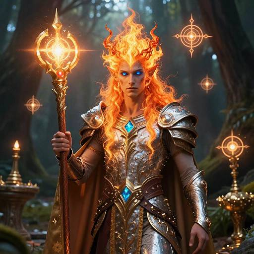 Photorealistic digital art of a fiery-haired, blue-eyed warrior with glowing blue gem, holding a flaming staff, in a mystical forest.