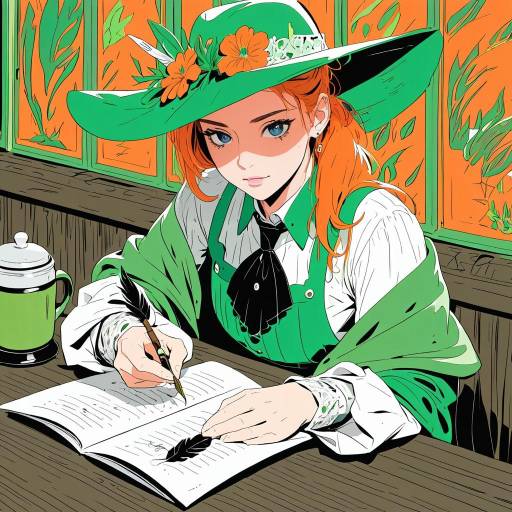 Intense Young Woman Writing in Manga Style
