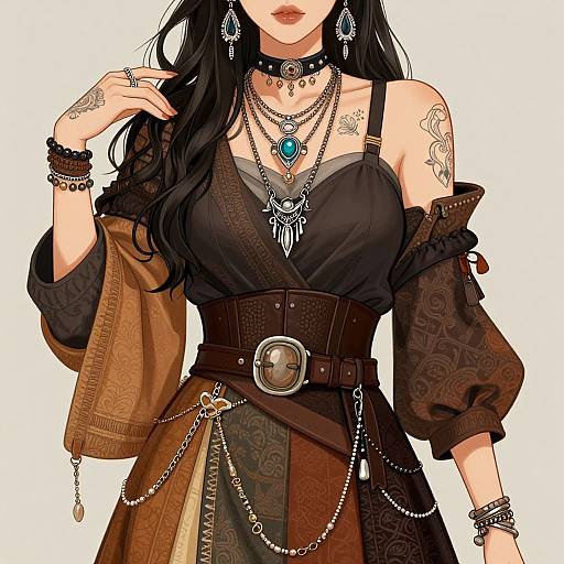 Digital illustration of a tattooed woman with long black hair, wearing a black off-shoulder top, brown jacket, layered necklaces, and intricate