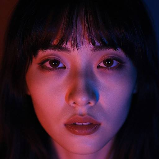 Close-up photograph of an Asian woman with black hair, illuminated by pink and blue lights, creating dramatic, moody lighting effects.