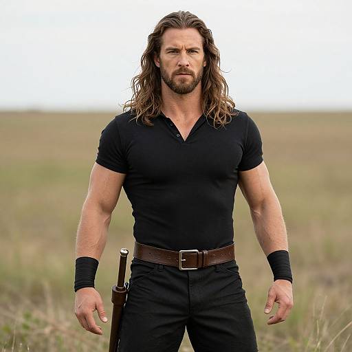 Photograph of a muscular, bearded man with long brown hair, wearing a black shirt, black pants, brown belt, and black wristbands,