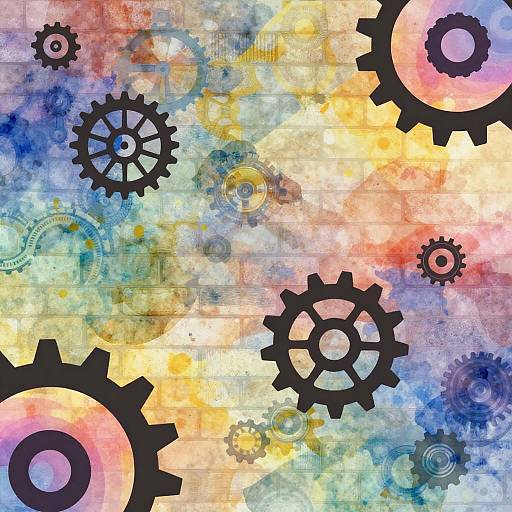 Abstract digital artwork featuring colorful, overlapping gears with black, pink, and blue tones on a vibrant, watercolor-like background.