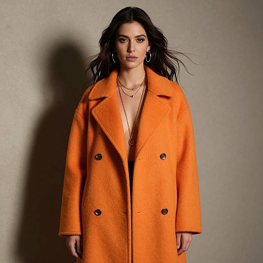 Photograph of a woman with long black hair, wearing a bright orange double-breasted coat, gold necklace, and hoop earrings, standing against a plain